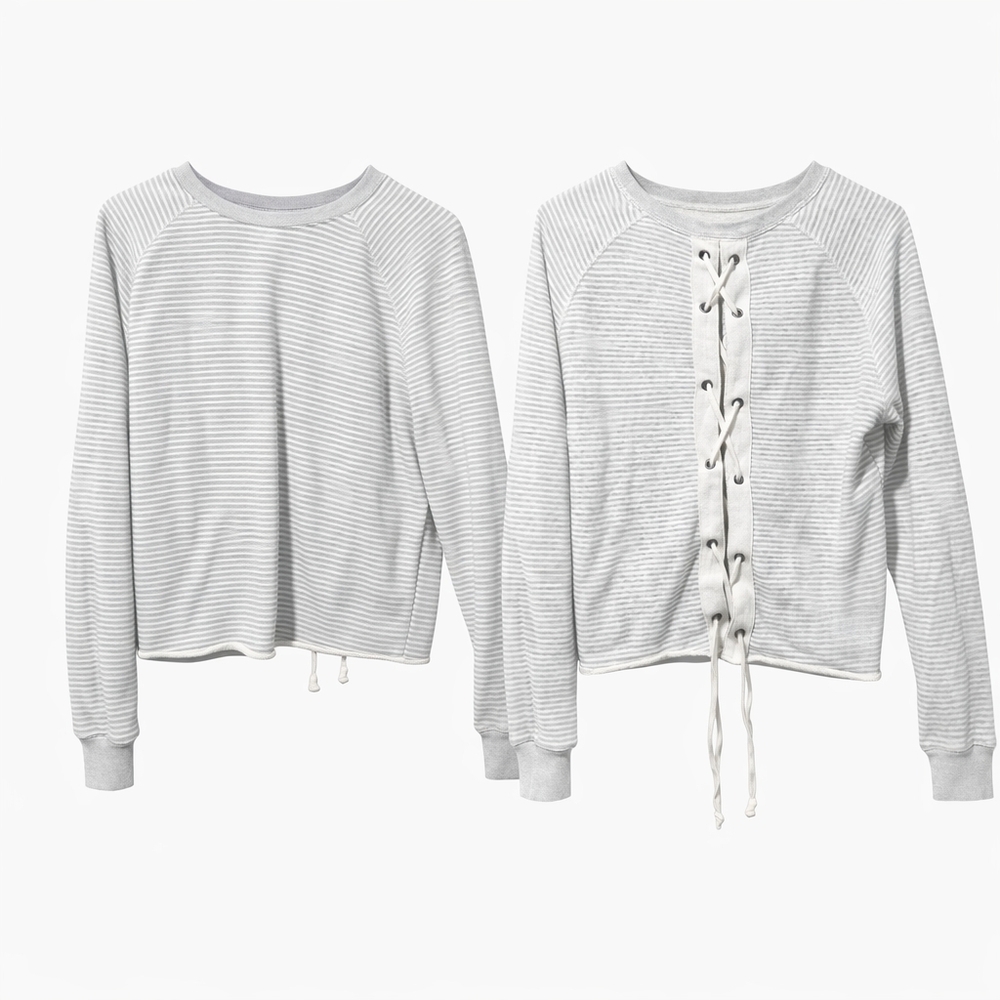 Abercrombie & Fitch Gray And White Striped Lace-Up Sweatshirt Size Medium